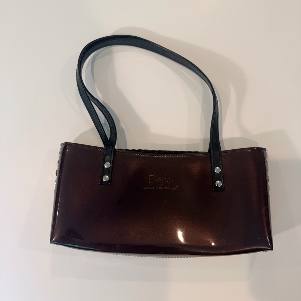 Beijo Patent Glossy Burgundy Shoulder Bag with Black Straps